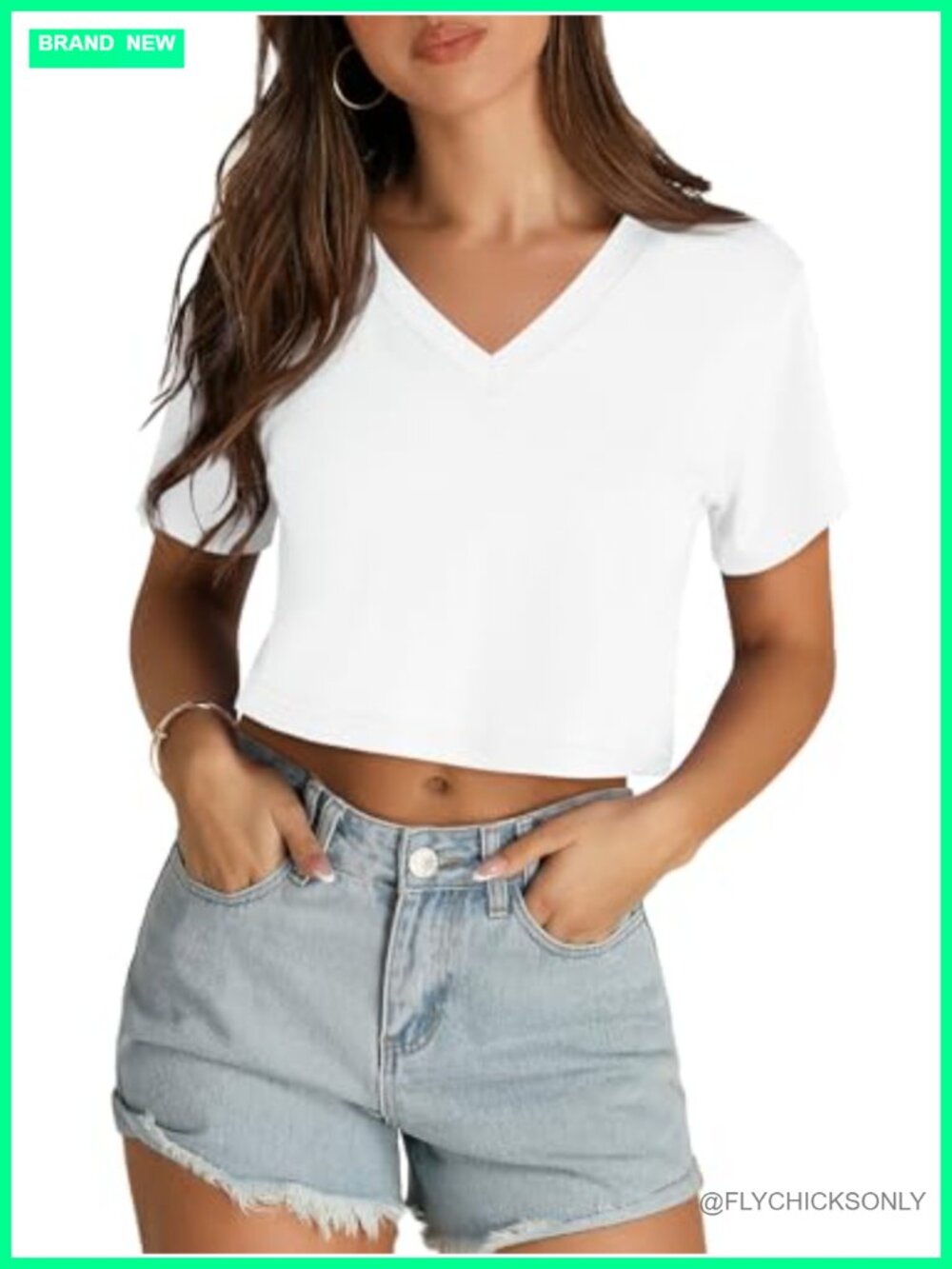 Womens V Neck Crop Top Short Sleeve Cropped T Shirt Cotton Blend Tee